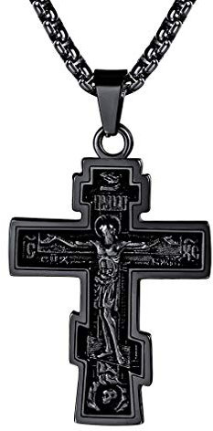 FaithHeart Kette für Herren Jungen Schwarz Anhänger mit Russisch Orthodoxes Kreuzanhänger Religiöser Schmuck Kruzifix Halskette für Geburtstag