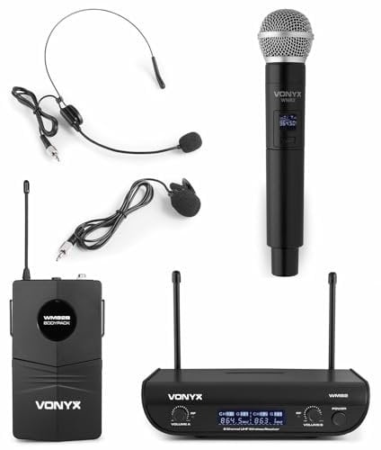 Vonyx WM82 - Empfänger mit einem Funk Mikrofon, UHF Mikrofon Set, Handmikrofon und Bodypack Taschensender mit Headsetmikrofon, für DJs, Moderatoren, Entertainment, Shows