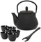 Teekanne asiatisch Gusseisen Set - schwarze Gusskanne mit Henkel 0.8 Liter & Edelstahl Tee-Filter Sieb-Einsatz für losen Tee & 6 Teebecher (Tassen) & Deckelheber