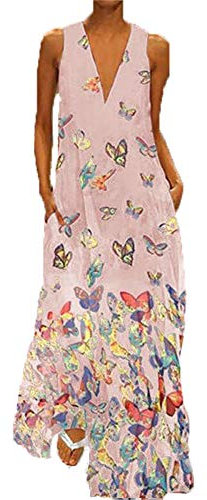 Abiti Estivi da Spiaggia Casual da Donna, Morbuy Vestito Lungo Abito Casual Colore Solido Fantasia Dress Neck Vestiti Bohemian Spiaggia (L,Farfalla Rosa)