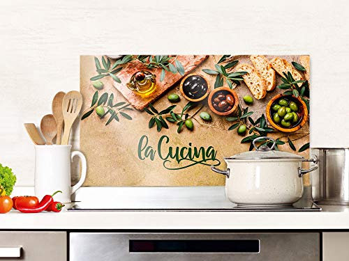 GRAZDesign Küchenrückwand Spritzschutz Küche | hinter Herd und Spüle | Glasplatte Küchenbild mit Motiv | aus Glas in verschienenen Größen (La Cucina mit Oliven, 100x50cm)