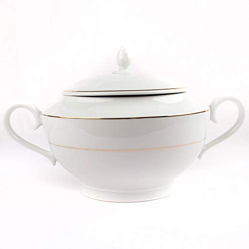 FranquiHOgar | Sopera de Porcelana Blanca con Tapa y Asas, para sopas y guisos con Filo de Oro | Modelo Clásico Bremen | Menaje Mesa