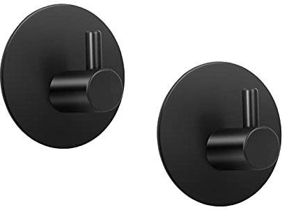 LJLink Hooks Wall Key Self Adhesive Hooks 2 Pack Stainless Steel Round Matte Black, Waterproof Modern Hooks for Bathroom Kitchen Bedroom Office