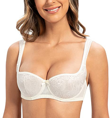 MELENECA Women's Balconette Bra with Padded Strap Half Cup Underwire Sexy Lace Off White 36D