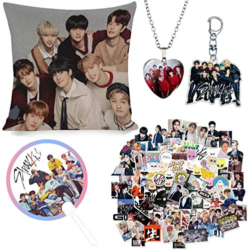 Stray Kids Gift Set,Stray Kids Fanartikel,StrayKids Fans Set,1 Kissenbezug,1 Halskette,95pcs StrayKids Sticker,1 Schlüsselanhänger,1 Circular Handfan