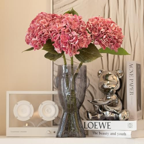 DUYONE 3PCS 56 cm Realistische künstliche Hortensie Große Real Touch Blumen Künstliche Blumen Trockene Blumen Hochzeit Weihnachten Büro Familie Party Wohnzimmer Tischdekoration (Rose Rot)