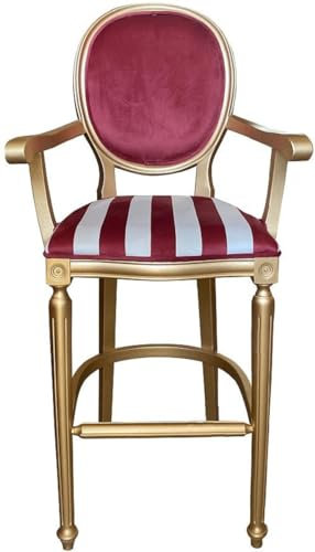 Casa Padrino Barock Barstuhl mit Armlehnen Bordeauxrot/Weiß/Gold - Gestreifter Antik Stil Samt Barhocker - Handgefertigte Barock Barmöbel