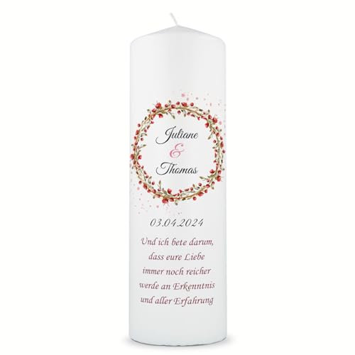 GRAVURZEILE Bedruckte Kerze - Traukerze Roter Mohn - Personalisiert mit Namen, Datum & Wunschtext - Geschenk für Paare zur Hochzeit zum Valentinstag - Hochwertige Stumpenkerze Weiß 250/80 mm
