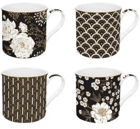 Easylife - Coffret 4 Mugs en Porcelaine Fine 300 ML Art Deco Flowers
