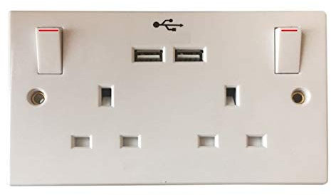 (Set of 5) - Double Wall Socket with 2 USB Charger 2 Gang Faceplates 13A 3Pin Plug Sleek and Slim Socket Perfect for Charging Smartphone Home and Office - White