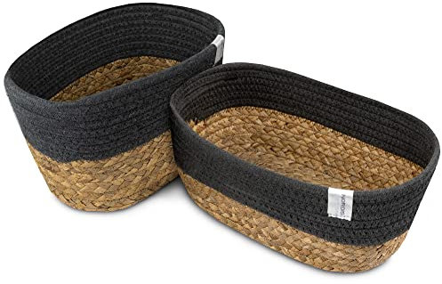 NORDIS DESIGN Aufbewahrungskörbe 2er Set aus Wasserhyazinthe und Baumwolle/Bad Aufbewahrungskorb geflochten als Korbset zur Badezimmer Aufbewahrung & Bad Organisation dunkelgrau