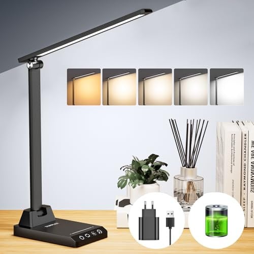 TOPPLEE Schreibtischlampe LED Dimmbar - Tischlampe Kabellose mit 2000 mAh Wiederaufladbarem Akku, 5 Farben und 10 Helligkeitsstufen, USB Ladeanschluss, Bürolampe für Kinder Büro, Schwarz