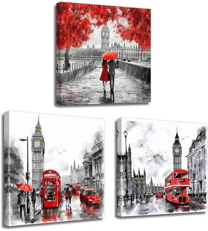 LZIMU Schwarz weißes und rotes Bild auf Leinwand romantisches Paar mit Regenschirm London Big Ben Berliner Straße Leinwandbild Jubiläum Wanddekoration Gerahmt(2, 25x25cmx3 Stück)