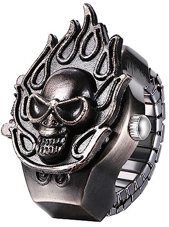 JewelryWe Ringuhr Fingeruhr Herren Totenkopf - Schwarz Gotik Flammenschädel Flamme Schädel Analog Quarz Elastisch Edelstahl Ring Uhr Männer Fingerringuhr Uhrenring für Halloween Vatertag