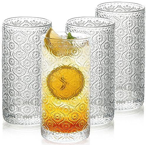POLIDREAM Trink Gläser 4er Set, 400ml Cocktail Gläser, Vintage Glasbecher mit Prägung, Facetten-Schliff Kaffee Gläser, Geriffelte Gläser Set, Geprägte Trinkgläser Set, Gläser Wassergläser