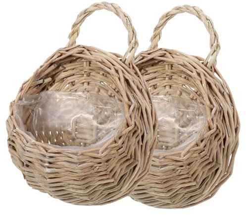 AOKWAWALIY 2 cestini da appendere alla parete in rattan, cestino per fioriere in vimini, contenitore da appendere alla parete, vaso da fiori o porta, cestino da cucina, scaffale per verdure in legno a