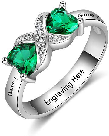 Damenring mit Gravur 925 Sterling Silber Personalisierter Ring mit Edelstein und Name, Herz Cubic Zirkonia, Damenschmuck, Muttertag Weihnachten Geburtstag Geschenk (silver, 52(16.6))