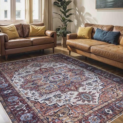 Mazovia Teppich Orientalisch Vintage - Waschbar rutschfest - Weich Traditioneller Teppich für Wohnzimmer Orientteppich - Fußbodenheizung geeignet - Rot Braun 120 x 170 cm