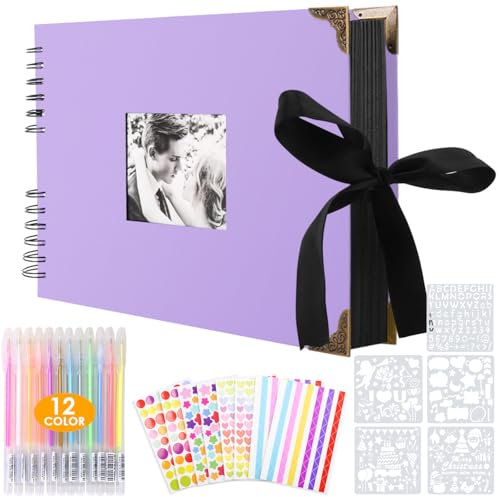 Fotoalbum zum Selbstgestalten, Scrapbook 80 Schwarze Seiten Fotobuch zum Einkleben,DIY Geschenk Scrapbooking Set für Baby Familie Jahrestag Geburtstags Valentinstag Hochzeit mit Protektkegeln, Lila
