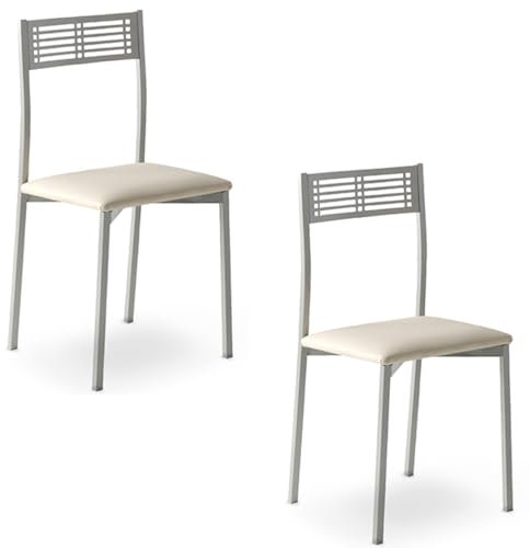 MOMMA HOME Sillas de Cocina Set de 2, Modelo Sydney, Asientos de Ecopiel, Medidas 41 x 47 x 86 cm (Blanco/Plata)