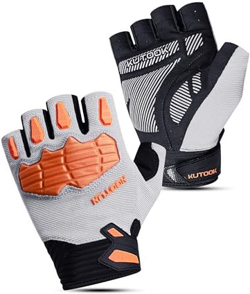KUTOOK Fahrradhandschuhe MTB Mountainbike Handschuhe Herren Damen Sommer Halbfinger Fingerlos mit 5mm Palm Pad TPR SCR Protect Touch-Screen Atmungsaktiv rutschfest Stoßdämpfend Silbergrau&Orange L