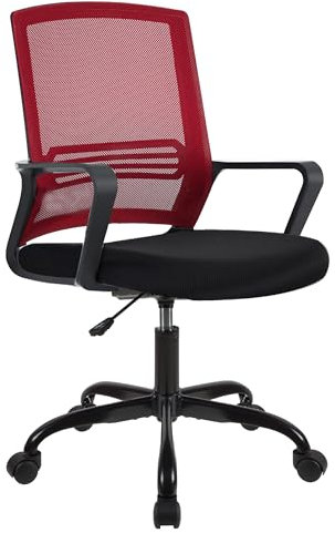 T-THREE. Adjustable office chair, ergonomic swivel seat, executive and computer chair with lumbar support, height adjustment, 360° rotation, mesh backrest for home office(RED)