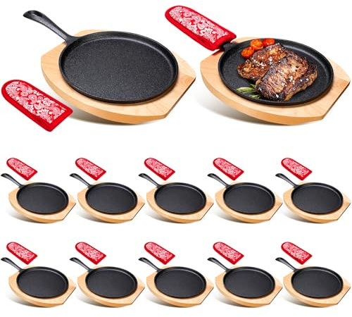 Mimorou 12 Sets Cast Iron Skillet Round Fajita Pan 7.87 Inch Fajita Plate Sizzler Pan with Wooden Base and Anti Scald Protection Hot Mitt for Kitchen BBQ Home Party Restaurant Catering Service