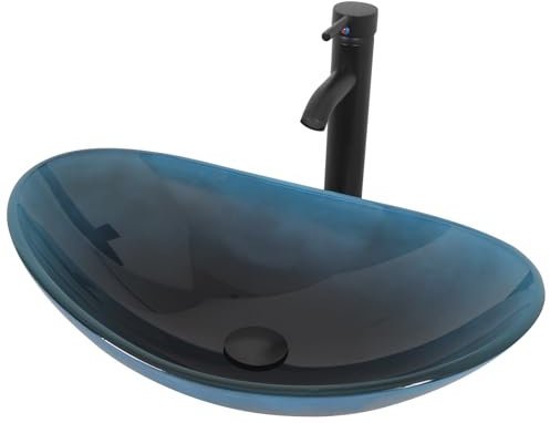 YU YUSING Lavabo Vasque à Poser Ovale en Verre avec Ensemble de Robinets, Lave-Mains, pour Salle de Bain, Cuisine, WC d'invités, Bleu Foncé Moderne, 53 x 35 x 15.5 cm