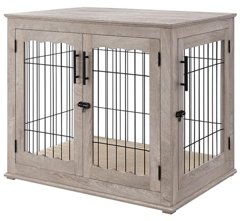 Dog Crate Furniture with Cushion, Large Dog Kennel with Wood and Mesh, Dog House, Pet Crate Indoor Use, Large, Grey Colour