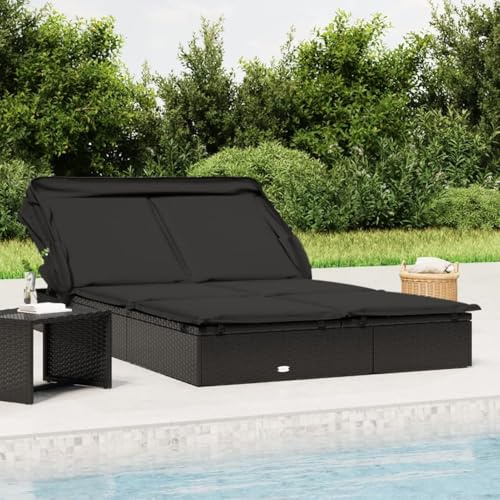 Xichuzi 2-Personen-Sonnenliege mit Dach Schwarz 213x118x97 Poly Rattan, Gartenliege, Liegestuhl, Sonnenstuhl, Sonneninsel Outdoor, Liegen, Gartenmöbel, Bäderliege, Relaxliege - 319652