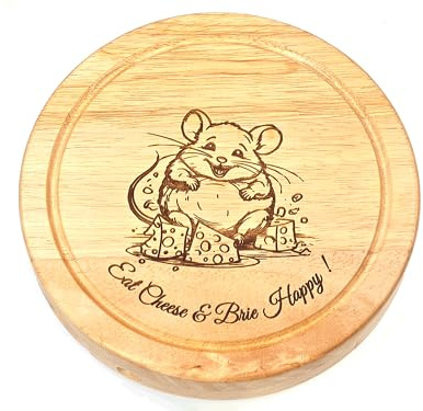 Cathcart Elliot Personalised Engraved Round Wood Cheeseboard Set 19cm Mouse with Eat Cheese & Brie Happy