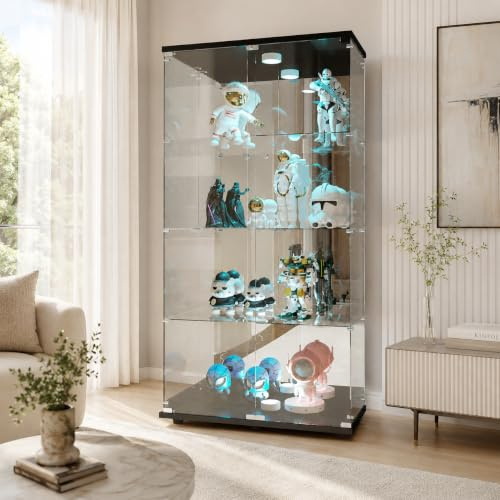 JOROBURO Glasvitrine Standvitrine mit LED, 4 Lagen Glas Vitrine Vitrinenschrank,Schloss und 2 Türe,Sammlervitrine mit Spiegelrückwand für Sammlerstücke Wohnzimmerschrank und Bücher (Schwarz)