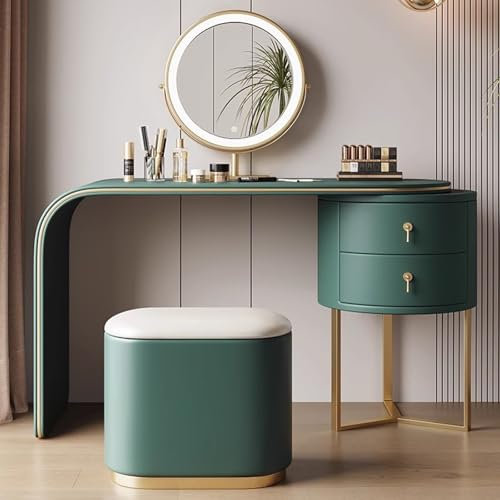 LVYWEX Dressing Table，Telescopic Dresser Vanity Desk with 2 Drawers Makeup Vanity Table with Mirror Brightness Adjustable with Stool(Gold edge,Emerald)