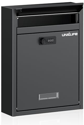 Uniclife Buzón de pared para exterior, gran compartimento de almacenamiento con cerradura de combinación, cierre de seguridad para casa, caja de seguridad, caja de correo, caja de acero para casa