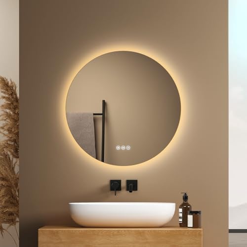 EMKE Runder Badspiegel mit Beleuchtung 50cm, 3 dimmbaren Lichtfarben | Badezimmerspiegel mit dimmbarer Beleuchtung, Antibeschlag, Touch-Schalter und Speicherfunktion, ideal für das Badezimmer