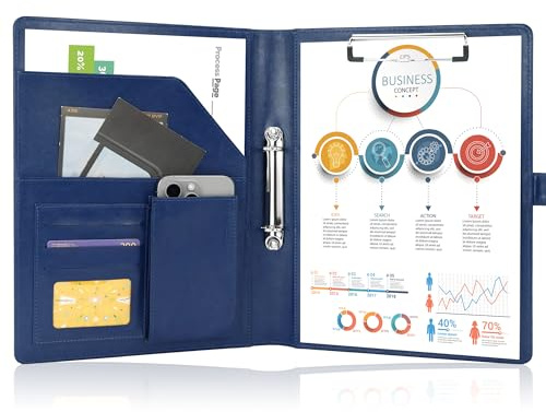 Schreibmappe 2 Ringbuch A4 Konferenzmappe Magnetischer Verschluss Wasserdicht Organizer Mappe Dokumentenmappe Blau