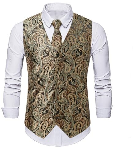 YOSUWOAI Gilet traditionnel décontracté 3 pièces pour homme avec cravate, mouchoir et gilet, motif cachemire floral, jacquard, gilet de costume vintage classique