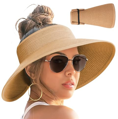 Yamobi Sonnenhut Damen, breite Krempe, Sun Visor für Damen,UV-Schutz Sonnenhut Stroh, faltbar, ideal für Strand, Sommer, Reise und Outdoor-Aktivitäten