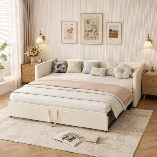 Gepolstertes Schlafsofa 90/180x200 cm, Tagesbett Ausziehbar mit Schlaffunktion, Bett Ausziehbar zum Doppelbett, Ausziehbett mit Lattenrost, Multifunktionsbett, Samt, Beige (Beige, 90/180*200)