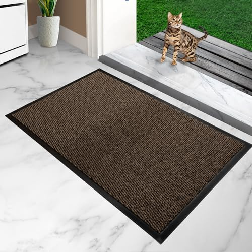 furni24 Fußmatte – Leicht zu reinigen, wetterfeste Schmutzfangmatte mit Rutschfester Rückseite – Für Innen- & Außenbereich, saugfähig, schnell trocknend, waschbar - Braun-Schwarz, 60x90 cm
