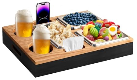 Couchbar Snackbox, Sofatablett, Couch Tablett, Snack Tablett Mit Snackschalen Aus Edelstahl, Mit Abnehmbarer Deckel, der Perfekte Couch Organizer, für Wohnzimmer Sofa Restaurant Picknick Party