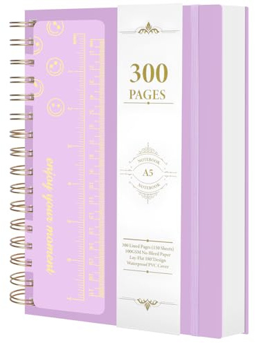 AOOSU Spiral Notebook, A5 Quaderno Spiralato con Adesivi, Fascia Elastica, Righelli, Quaderno a Righe, Copertina Rigida (Viola)