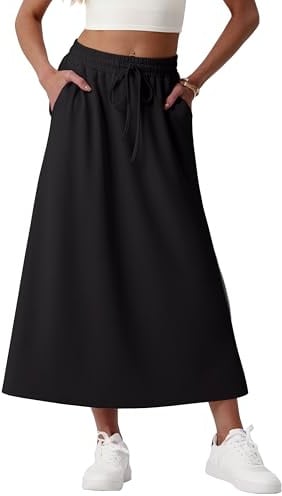 GRECERELLE Gonna da donna con tasche, vita elasticizzata, maxi gonna lunga a trapezio, estiva, midi, in misto modal, casual, per tutti i giorni e le vacanze