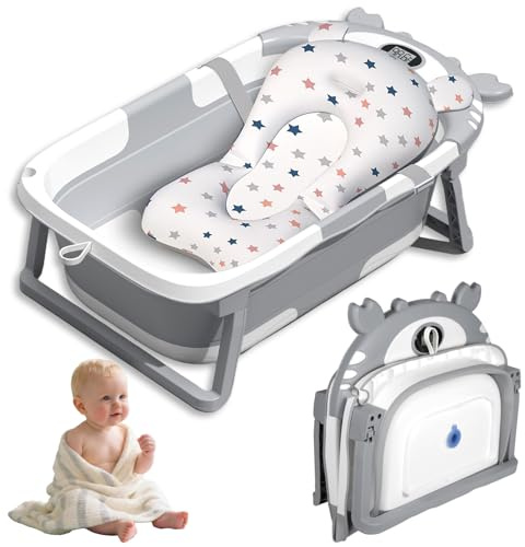 Vautvis Baby Badewanne, Baby Bathtub Mit Thermometer und Badematte, Grau | Faltbare Babywanne Baby, Neugeborenes Bis Kleinkinder 0-36 Monate, Tragbare Reise Babywanne