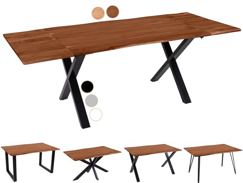 SAM Baumkantentisch 160 (260) x 90 cm Avino, Akazienholz nussbaumfarben & massiv, Esszimmertisch mit 2 Ansteckplatten, Schwarzes X-Metallgestell, Esstisch ausziehbar 6-8 Personen