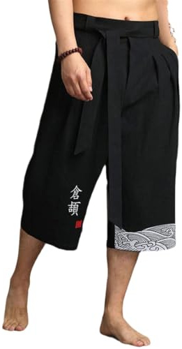 Generisch Pantalon japonais en lin pour homme - Pantalon kimono traditionnel japonais - Pantalon sarouel pour homme avec cordon de serrage - Été décontracté - Léger - Plage - Jogging - Yoga - Gym