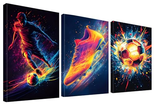 KiKiHong 3Pcs Wandbilder Fußball,30x40cm Neon Fußball Poster mit Rahmen | Sportliche Wanddekoration für Jungenzimmer,Wohnzimmer,Schlafzimmer