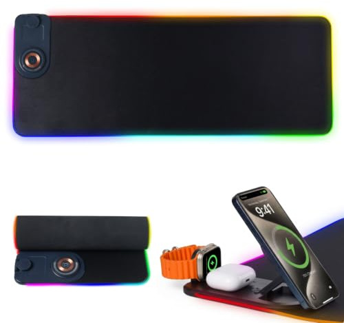 Unipampa Tappetino per Mouse Gaming, Mouse Pad, Tappetino Mouse Gaming RGB | 800*300*4mm, 15 W Wireless Ricarica, 15 Modalità Luce, Impermeabile, Antiscivolo, per Tastiera, Computer, Giocatore