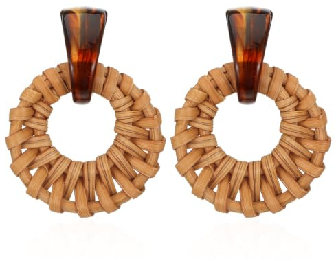Raffia Ohrringe Damen, Boho Rattan Rund Hängeohrringe Geflochtene Kreis Statement Ohrringe Sommer Strand Schmuck