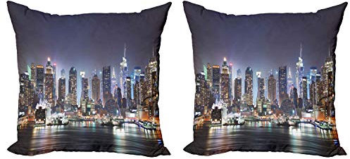 ABAKUHAUS New York Dekokissen Kissenbezug 2er Pack, Manhattan-Skyline nachts, Modern Accent Doppelseitiger Digitaldruck, 60x60, Orange Blau